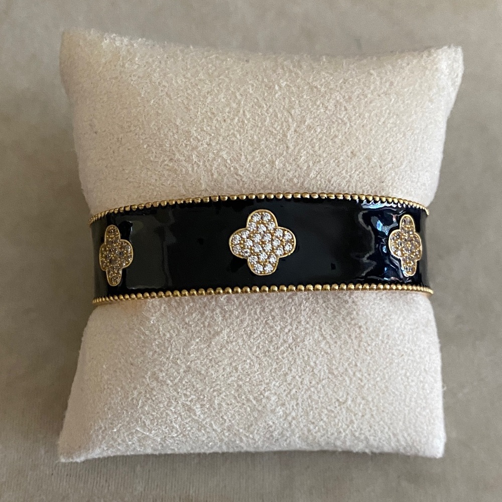 CHIC Black and Gold Cuff Bracelet with Crystal Accents;Open to fit any wrist;